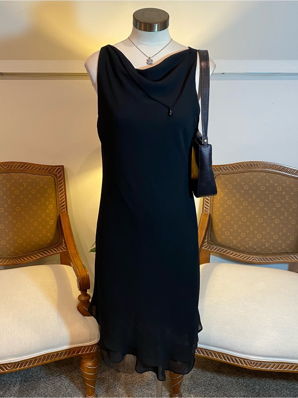 Vintage 90s Black Sleeveless Draped Neck Flowy Midi Cocktail Dress Whimsygoth 10